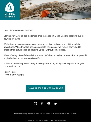 Sierra Designs Sale Announcement